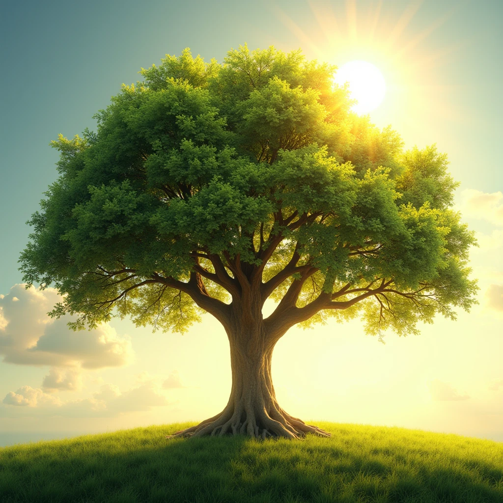 Ending Scene:** A grown tree with strong branches and leaves in full bloom, symbolizing the young man's success and growth. The sun shines brightly in the background, illuminating the tree.