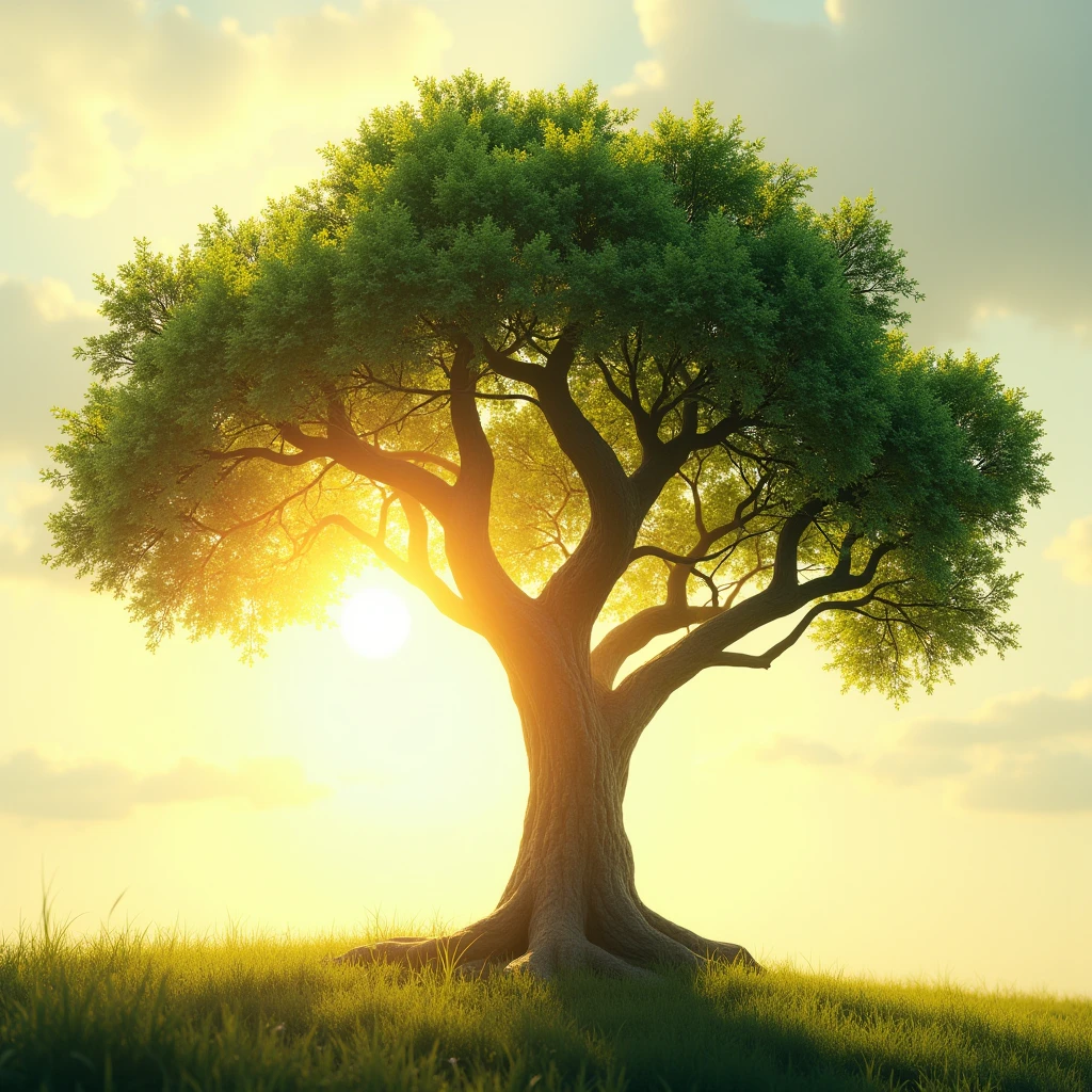 Ending Scene:** A grown tree with strong branches and leaves in full bloom, symbolizing the young man's success and growth. The sun shines brightly in the background, illuminating the tree.