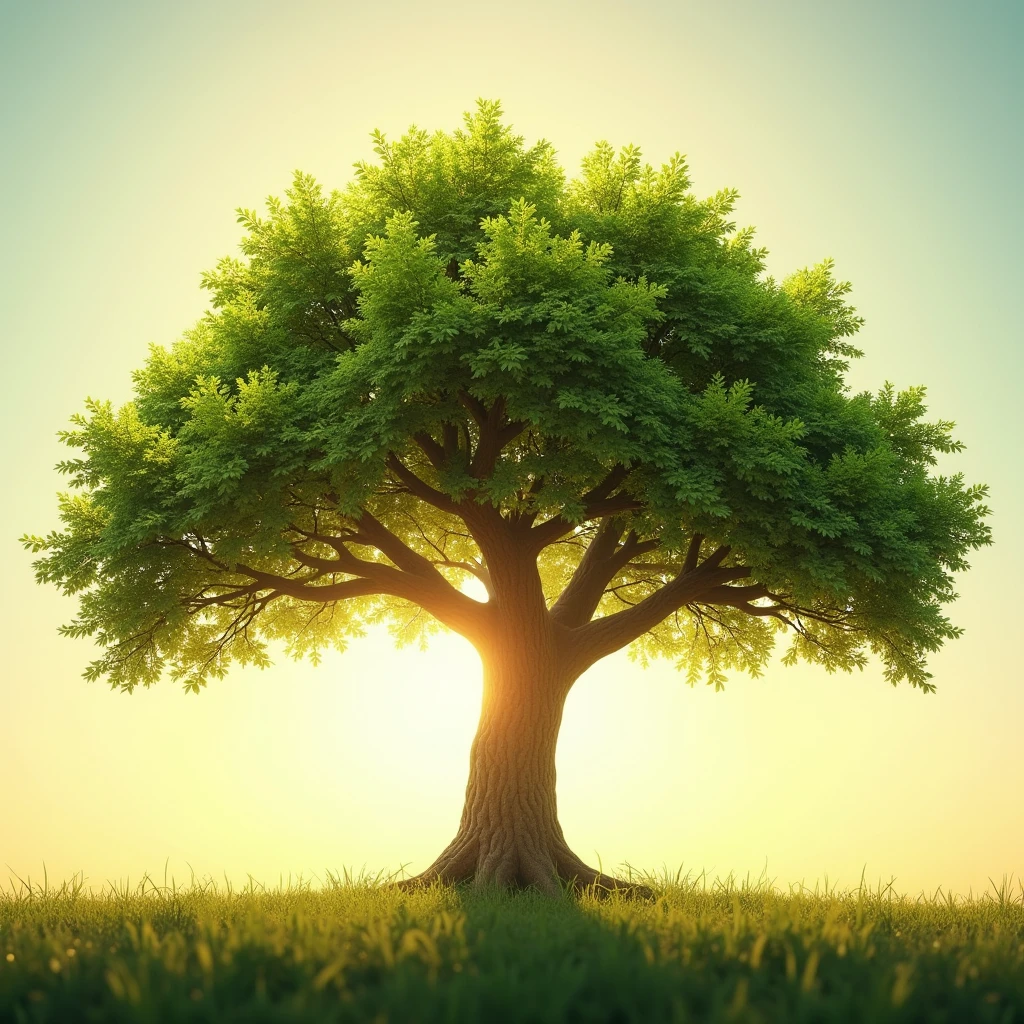 Ending Scene:** A grown tree with strong branches and leaves in full bloom, symbolizing the young man's success and growth. The sun shines brightly in the background, illuminating the tree.