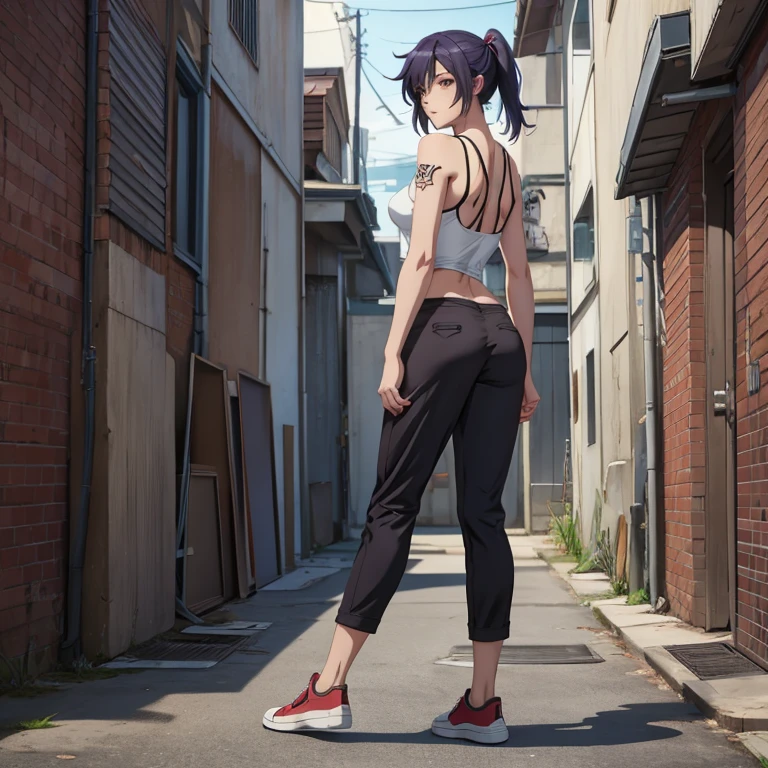 Illustration, Anime Style, Smoking in the back alley, woman, Side shot, Tank top, Tattoo on arm, Chino pants、Waist shoes、Boxer briefs are visible at the waist,