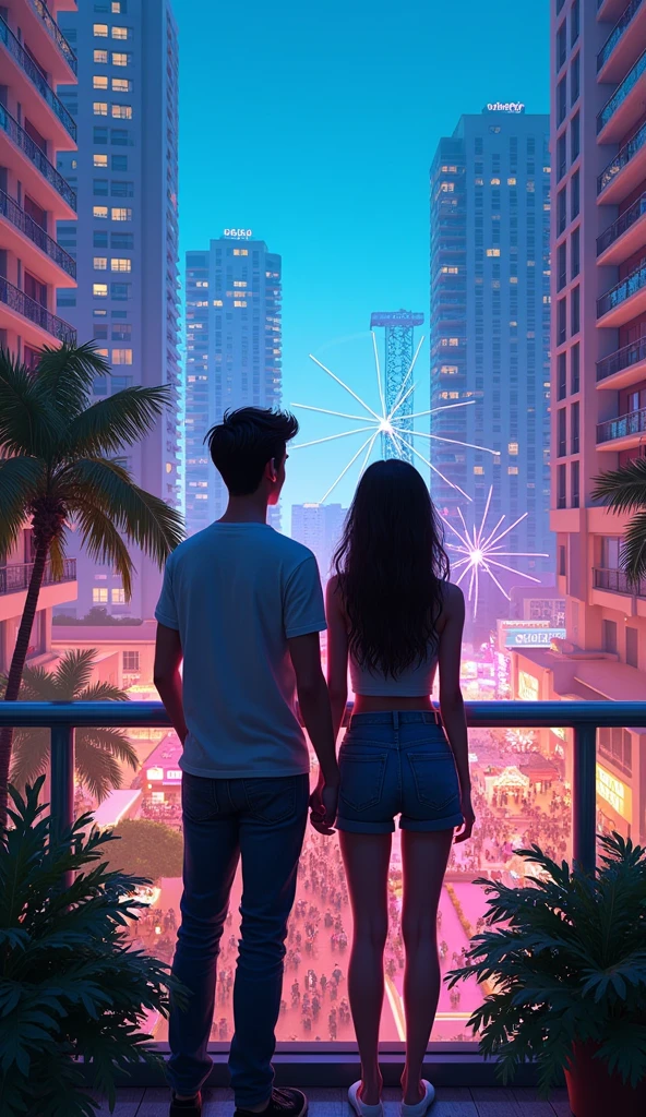 a young couple looking at the Miami Bayside market from the a balcony of a tallest among all the skyscrapers overlooking, with bright blue sky , neon lights, miami vice vibes, , Ferris wheel at far away