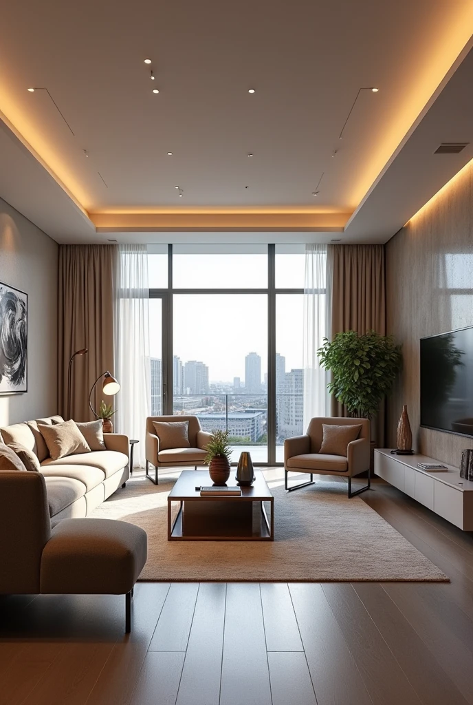 Interior desing , contemporary living room in 150 m2 apartment  , ultra realisitic , 4K , High-resolution rendering 