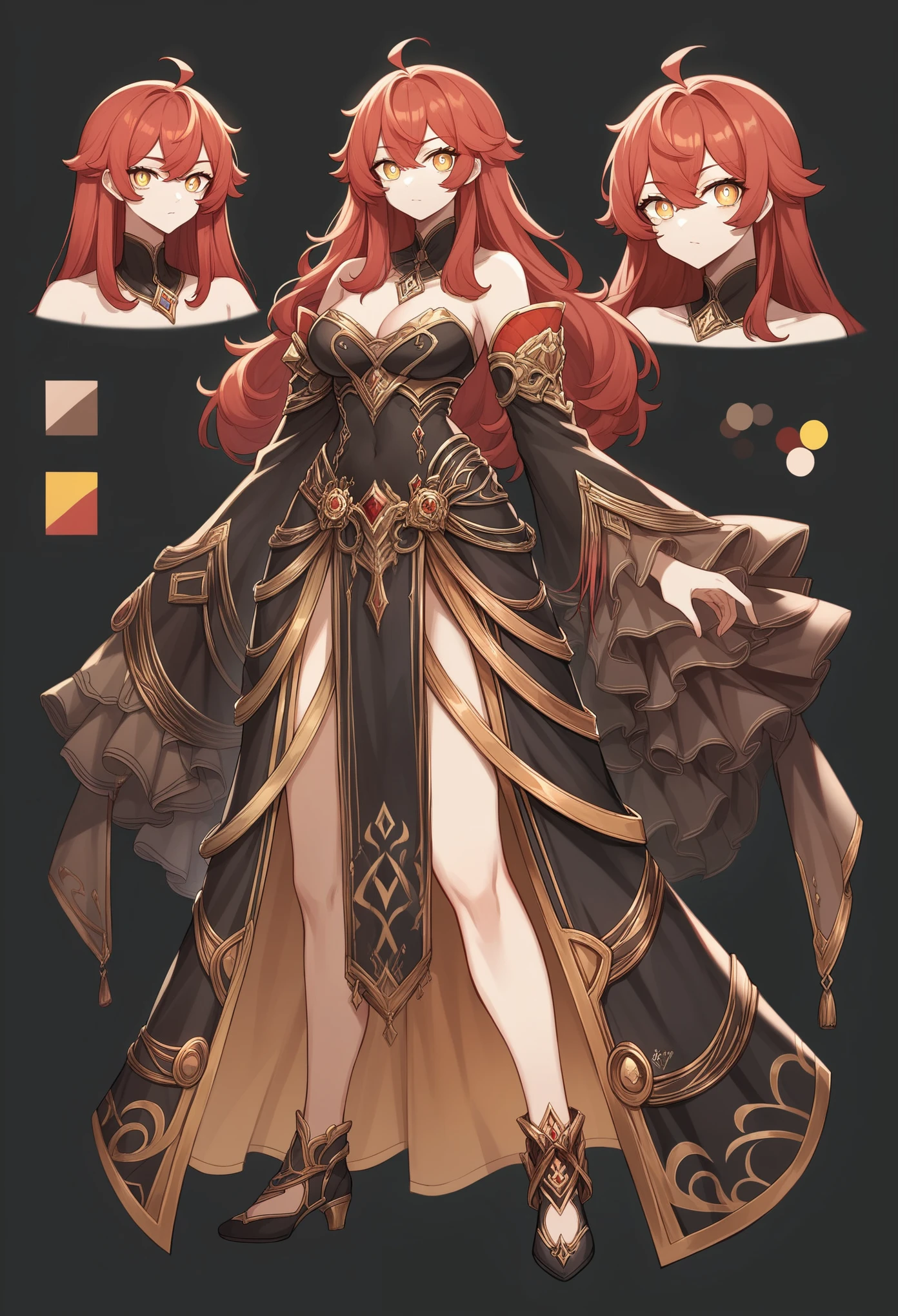 anime, masterpiece, UHD, anatomy correct, detailed skin, detailed pupils, detailed hair, hair correct, full body, vtuber full body, standing pose, dynamic pose, black background, red hair, long hair, yellow eyes, beautiful, beautiful outfit, character sheet, design sheet, vtuber design, design sheet, design concept, reference sheet, full body