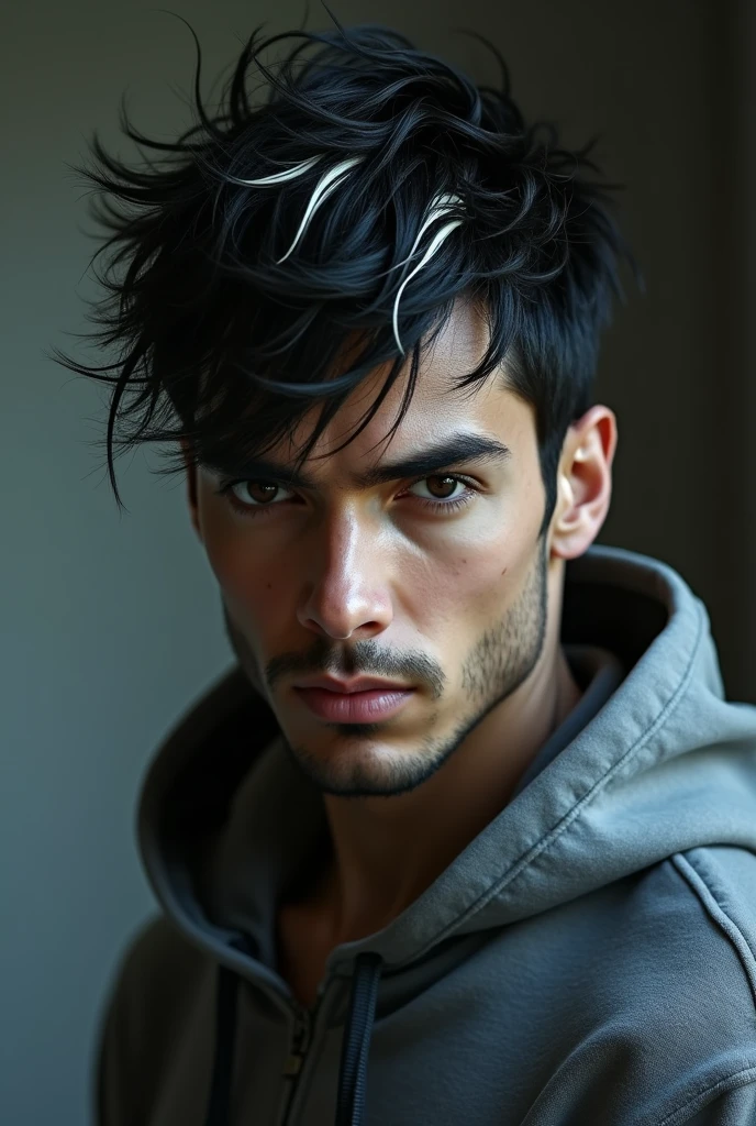 A close up of a tall muscular man, short wavy yet spiky messy hair, hair color black with white streaks, deep toned skin, wearing a Grey hoodie, (gothic style:1.2) . mysterious, haunting, dramatic, (minimal, ornate), aesthetic, eerily beautiful, dark surrealism, best quality