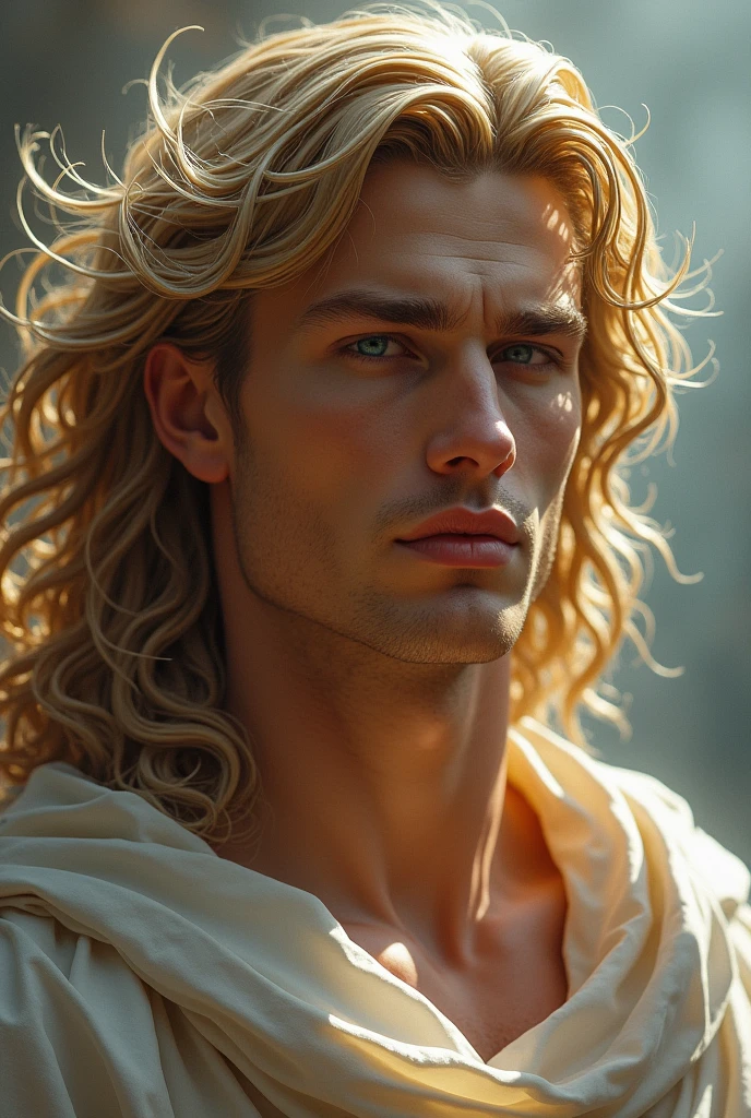 Creat a beautiful pic of a man looking likeGreek god,light hitting his face, blond hairand deep blue eyes 