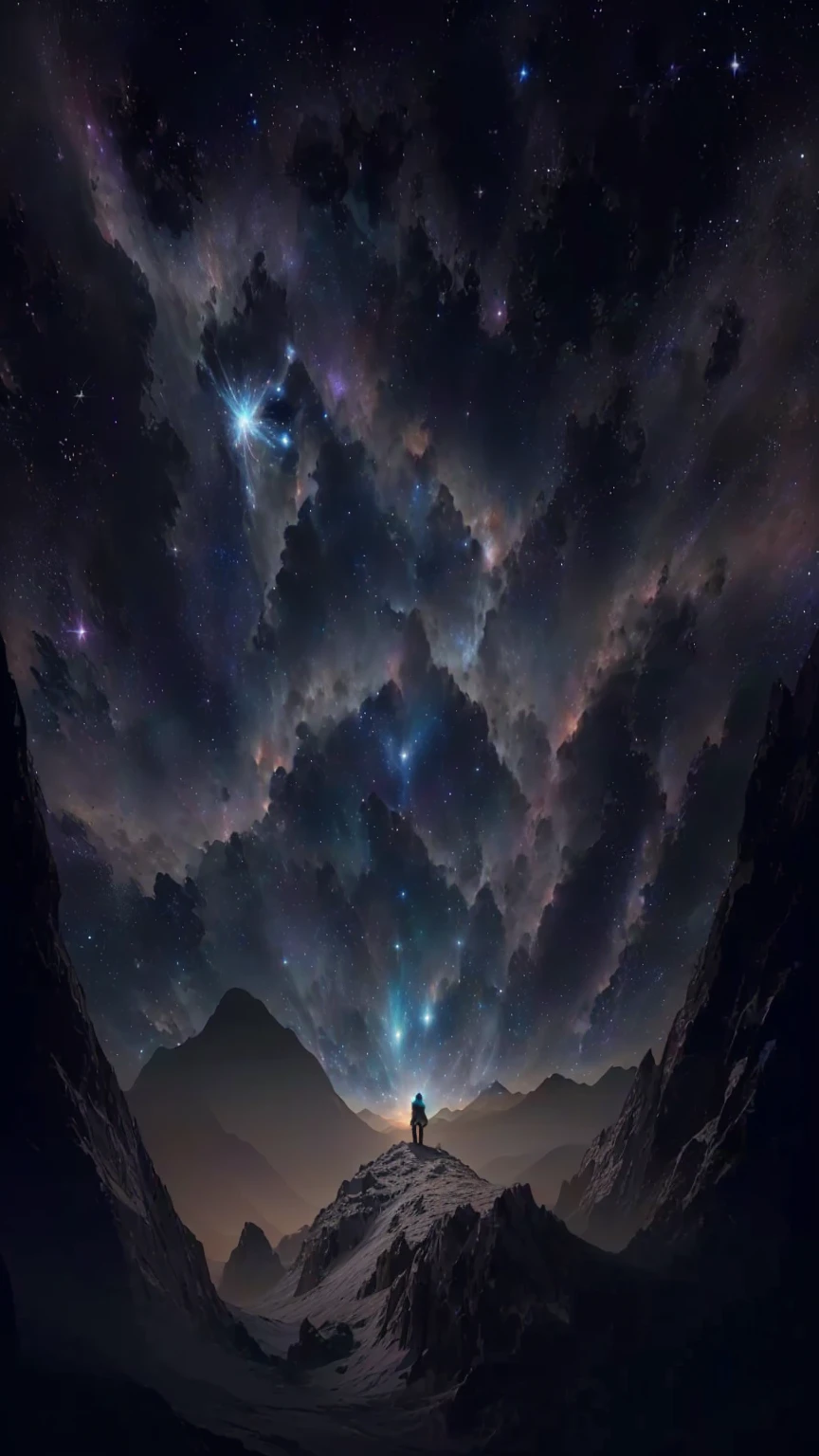 a lone person standing on a mountain looking at the stars, looking out into the cosmos, lost in the immensity of space, stars strange perspective, looking out into space, lost in the milky void, in the cosmos, view of the cosmos, a cosmic entity made of stars, endless cosmos in the background, astral appearance, galactic landscape, cosmic landscape, cosmic sky