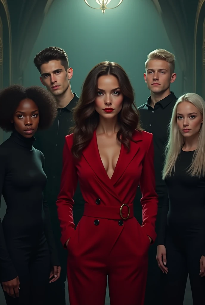 inspired by Devious Maids.In the center, the main character wears red, a brunette with wavy hair.To the right, there are two young women dressed in black:The one in the mid-ground is mixed-race with curly hair.The one in the background is white with straight hair.To the left, there are two young men dressed in black:The one in the mid-ground is tall, muscular, with a taper fade haircut and wavy brown hair.The one in the background has a platinum blonde buzz cut, brown eyes, pale skin, and scars.The background is inspired by Charmed and Twilight.