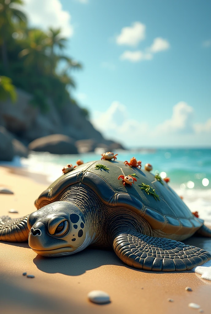 sea turtle is stuck on a beach shore and struggling