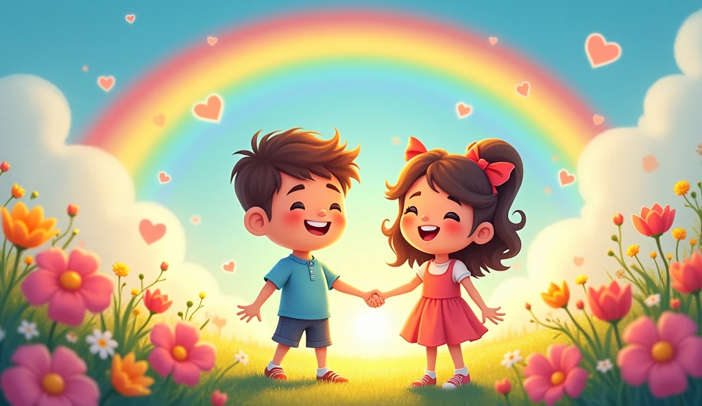 Create an image of two children, a boy and a girl, standing together with big, joyful smiles on their faces, holding hands in a sunny, colorful outdoor setting. The background features a bright blue sky, a rainbow, and a field of vibrant flowers, symbolizing happiness and positivity. The children are surrounded by glowing hearts and stars, emphasizing the theme of friendship and joy. The overall atmosphere should be cheerful and uplifting, capturing the essence of 'Friends like you and me, we make the world so happy!'