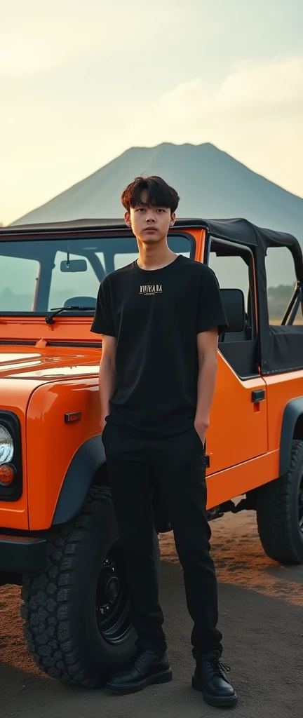 Stunning professional photo of a Korean young man , standing next to a classic beige Jeep parked in front of Mount Bromo. Wearing black tshirt NIRVANA he posed near a orange Jeep equipped with radial tires, brightly colored windows and black accents, exuding a sense of adventure. The Bromo savanna illuminates the landscape, creating a harmonious blend of modern and classic elements
Ultra-realistic 8K photograph, shot with a Leica Q2, strong color contrast and sharp clarity --quality 2 --
