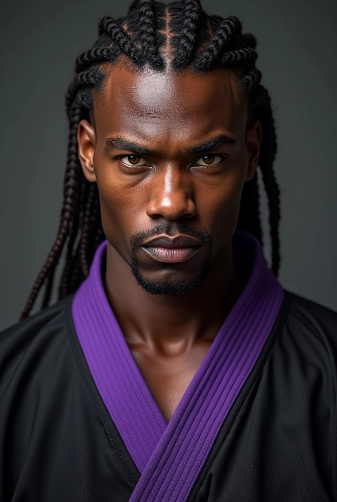 African American brother in his late 20's, built physique, multicolored eyes, serious expression, dark brown hair braided with sides of his head clean shaven wearing a weighted fighting gi in the colors of black, purple and silver
