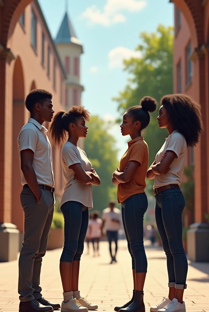A university in the background, in front there are two girls, one black with long curly black hair and another white preppy with long blonde hair, who look at each other as if they were enemies, a line in the middle in the shape of a ray separates them as if they were from different worlds