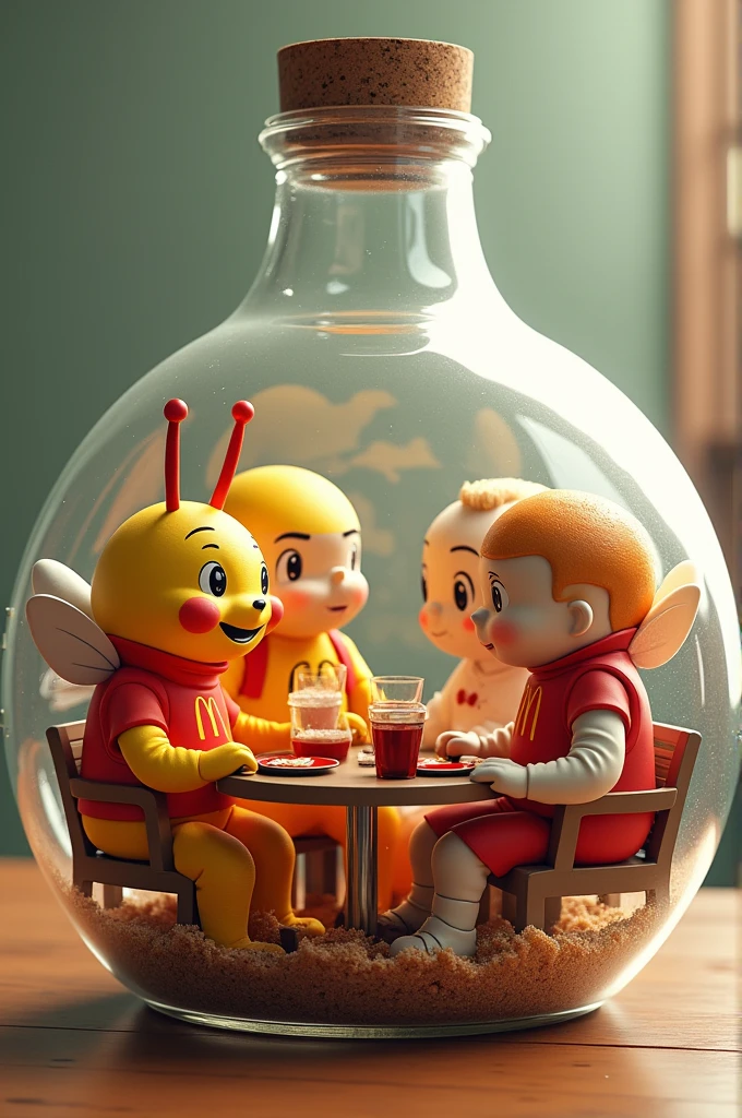 Make hyper realistic 4D image of Jollibee, McDonald's burger king and royal orange in the bottle sitting while talking
