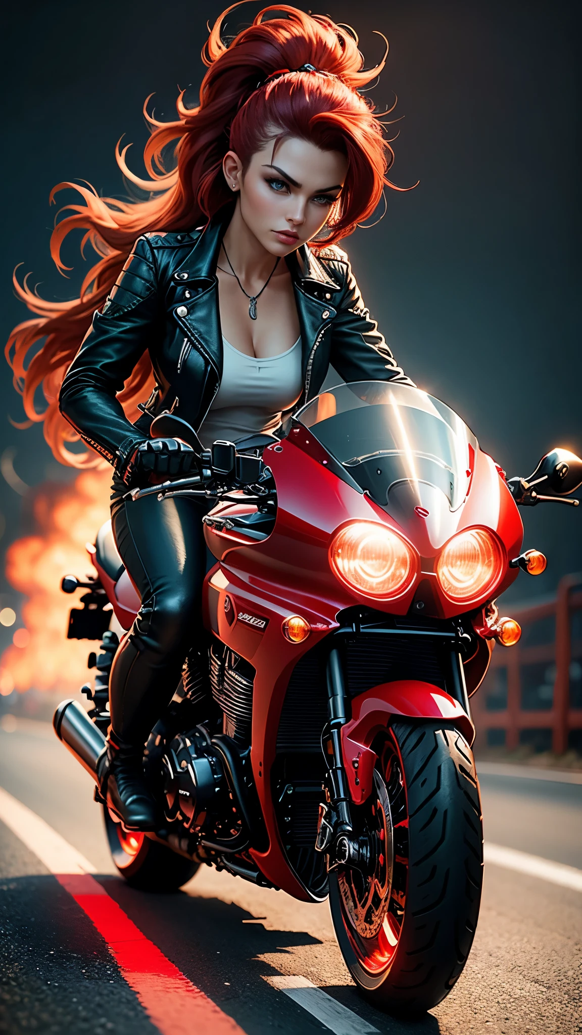 a fearless woman on a sleek red motorcycle, leather jacket glowing under pulsing red LED lights, gripping the handles with determination, cafe racer roaring to life, tail lights illuminating the road, Emblem 4D Funko Pop figure of biker queen with backlit hair and rim lights, highly detailed Triumph motorcycle