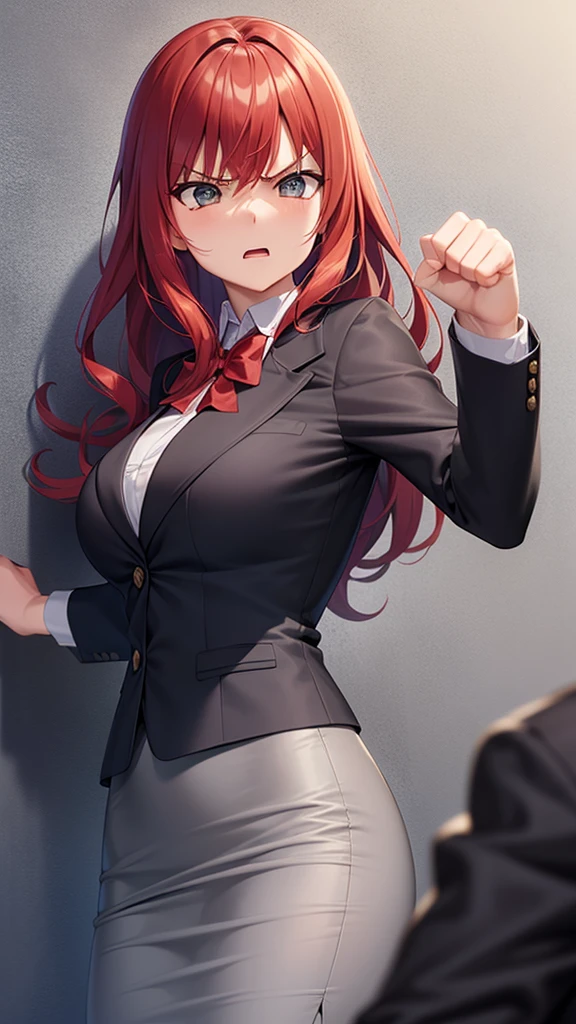 masterpiece, best quality, high detail, beautiful angry business woman punching wall, solo focus, long wavy hair, red hair, (gray blazer), (gray midi pencil skirt), long gray skirt, wide hips, office building, action pose, dynamic pose,