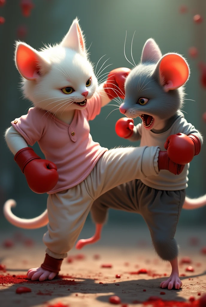 The white realistic girl cat wearing pink blouse and trousers and red boxing gloves kicks the realistic grey mouse wearing t-shirt and trousers, causing the mouse's face to bleed, and a few teeth are broken.Visual Elements: A dynamic close-up showing the mouse’s shocked and hurt expression, with visible blood and broken teeth. Pictures look like original and not blurred and 4k results.