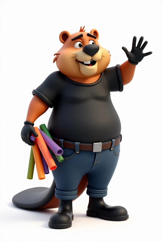 Create a corporate image of an animated beaver , that is standing in front, that he is dressed in a black collarless t-shirt, and a pair of dark blue jeans without straps and with a belt , black engineer type boots and the t-shirt is dressed, that looks like an engineer, that in his left hand he holds some cut tubes of various colors, and with his right hand raised greeting, that has a white background, and his expression is calm and with his mouth half open
