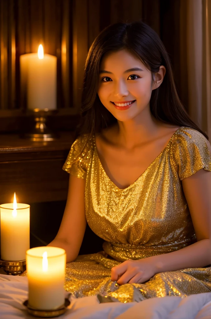 Photorealistic, high-quality 32k photo of a beautiful Japanese girl in elegant Nightdress, with detailed eyes and a serene smile, in a bedroom softly illuminated by candlelight. The gentle glow of the candles casts a warm, romantic light across the room, highlighting her peaceful expression and the intimate, soothing ambiance of the bedroom