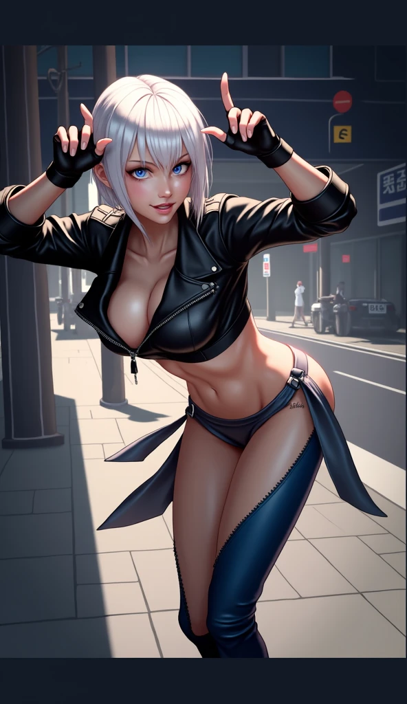 ((Angel from The King of Fighters)) Create a hyper-realistic anime-style illustration of Angel from The King of Fighters in an urban setting. Depict her with shoulder-length silver hair, striking blue eyes, and a playful expression. Dress her in a black leather crop jacket, unzipped to reveal a matching top underneath. Add fingerless gloves and her signature blue pants with one leg cut off, exposing her thigh. Position Angel in a dynamic pose with arms raised, making playful hand gestures. Set the scene on a sunny city sidewalk with modern architecture in the background. Use strong lighting to highlight her toned physique and create contrast with shadows. Employ a detailed art style that blends photorealistic textures with anime aesthetics. Focus on intricate details like the leather texture, hair shine, and subtle muscle definition. Add depth with reflections on nearby surfaces and small environmental details like distant traffic signs or pedestrians. The overall composition should capture Angel's energetic and flirtatious personality while showcasing high-quality, cinematic rendering techniques.