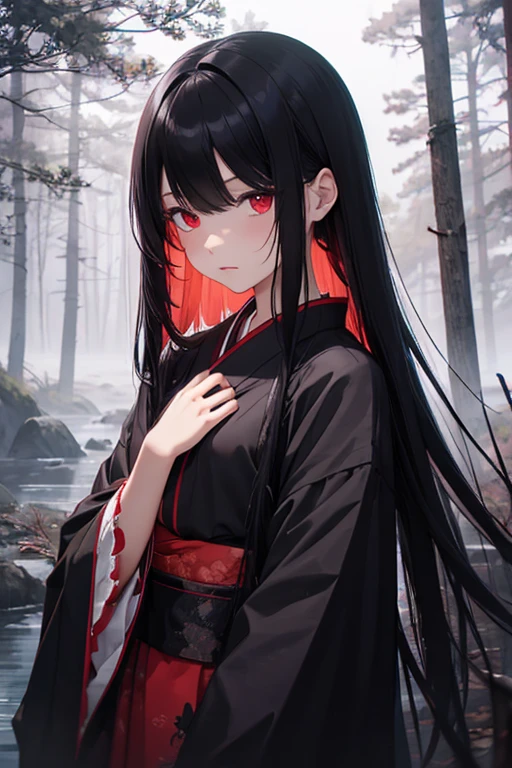 Girl doll, black hair, long hair, small chest, red eyes, black kimono, expressionless, dark night, nature, dark forest, Sanzu River, fog, afterlife, ghost story