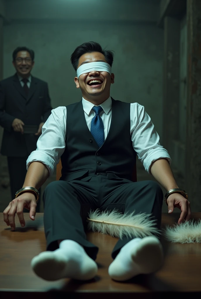 Malaysia malay handsome 23 years lawyer
He laugh very hard
His hand handcuff in abondon warehouse
Blindfolded
handcuff
Black vest Outfit Blue tie
Focus feet on desk
feather duster on desk
Whitesock on desk
2 evil mafia rub his feet