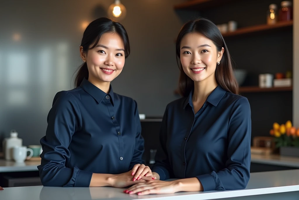 you serve in a formal image, with a calm smile, both wearing dark blue clothing, white and red, behind a gray service counter.