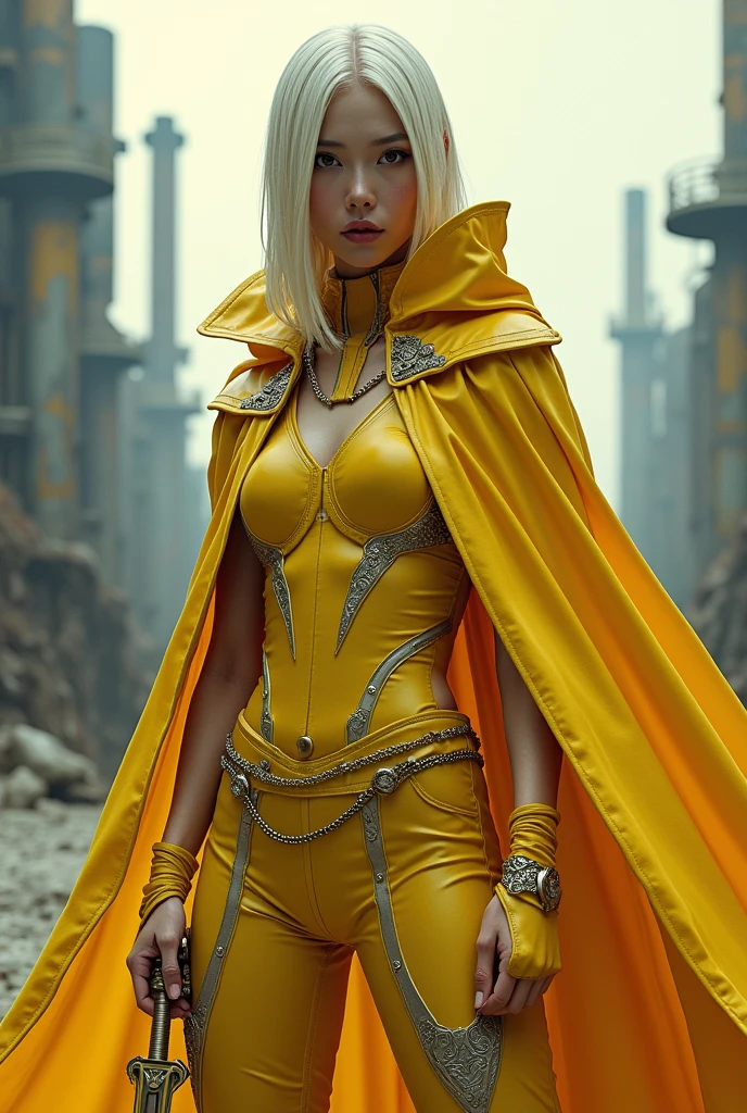 Woman, black eyes,pale yellow hair, cuberpunk pale yellow iron costume, gold sword in hand cuberpunk, cuberpunk pale yellow cloak