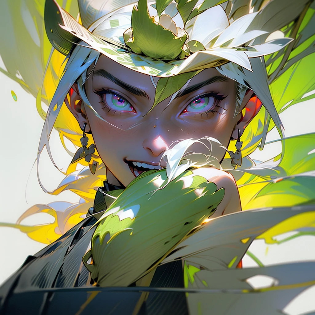 Girl, black hair, green eyes, wearing a golden mask, laughing