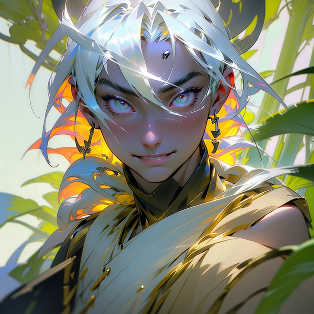 Image of young man, with perfect face, his black samurai outfit with gold details, green straw hat covering the face, your eyes with a vibrant expression and fine details eyes, perfect smile, Facing the photo, with a perfect nose without defects, strong neck and shoulders, fine and perfect details, realistic image ckm many details and perfect forest background.