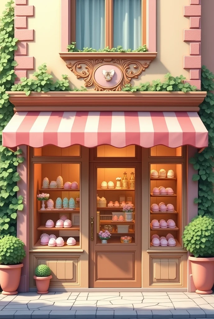 Cute macaron shop exterior, simple, pink orange green tone, using wood material, glass cake display cabinet, The store must be big.