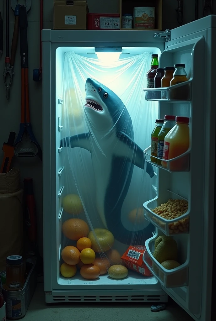 A shark in a plastic bag is stored with food in a garage refrigerator