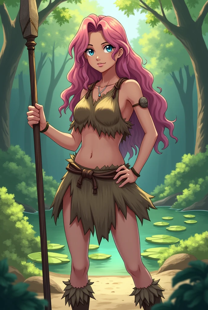 Digital illustration in an anime style, featuring a young woman with long, wavy pink hair and blue eyes. She has light skin and a determined expression on her face. The character is dressed in a primitive, tattered brown outfit, resembling a loincloth and top made from animal hide. She is holding a long spear with a stone tip in both hands, poised in a defensive stance. The background depicts a lush, green forest with dense foliage and a body of water with lily pads.