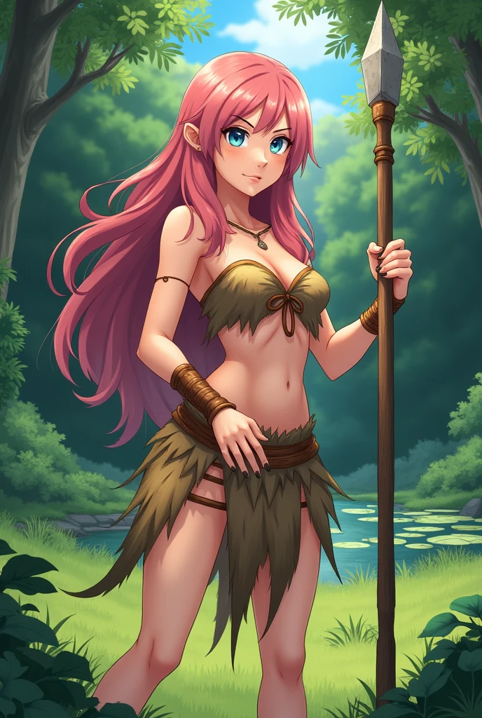 Digital illustration in an anime style, featuring a young woman with long, wavy pink hair and blue eyes. She has light skin and a determined expression on her face. The character is dressed in a primitive, tattered brown outfit, resembling a loincloth and top made from animal hide. She is holding a long spear with a stone tip in both hands, poised in a defensive stance. The background depicts a lush, green forest with dense foliage and a body of water with lily pads.
