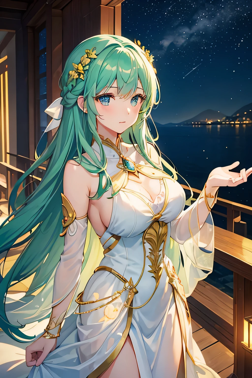 A magical girl with long, flowing green hair and bright blue eyes, standing on a balcony under a starry summer night sky. She wears a light, flowing summer dress with delicate floral patterns, gently illuminated by the soft moonlight. A warm glow from a nearby lantern casts a soft, golden light on her serene face as she gazes at the twinkling stars. The ocean stretches out in the background, reflecting the moon and creating a peaceful, dreamy atmosphere. The girl looks calm and content, ready to rest after a long day, big boobs.