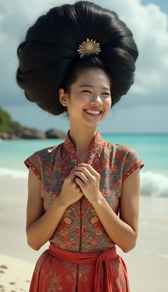 Asian beautiful woman,((full body shot)),from head to toe,with a very big hair bun, the size of her bun is 6 times the size of her head,very big very big hair bun traditional Javanese hair bun,circle bun,shiny black hair,using a hairpin,wearing traditional Indonesian kebaya,very big chest ,both hands holding a bun,beach atmosphere,laugh
