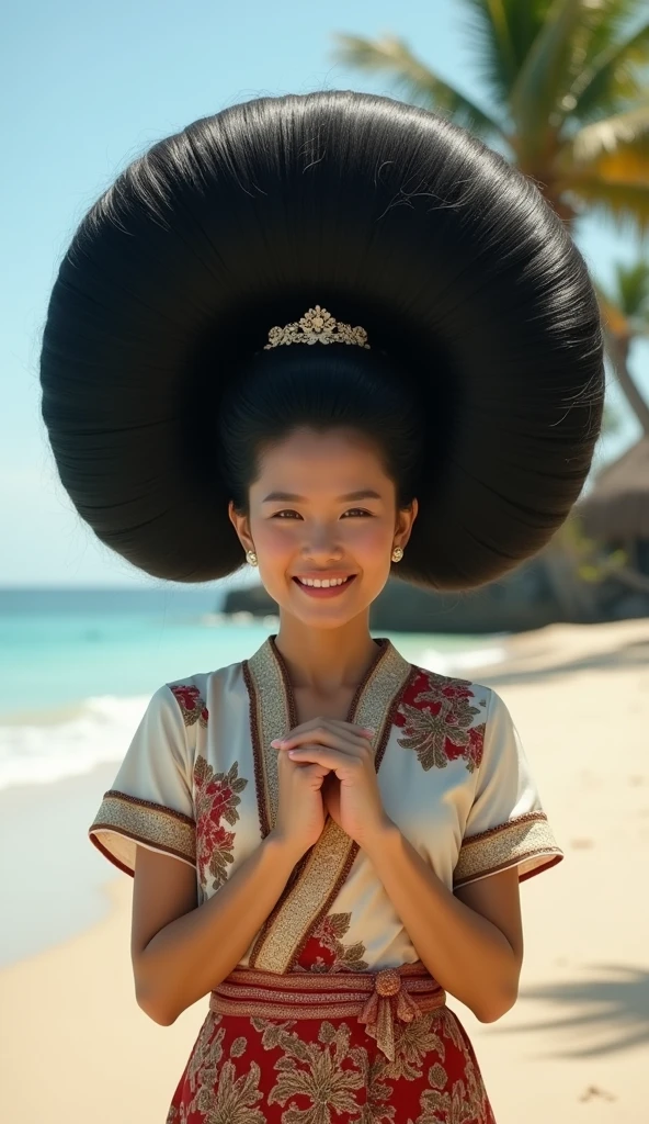   Asian beautiful woman,((full body shot)),from head to toe,with a very big hair bun, the size of her bun is 6 times the size of her head,very big very big hair bun traditional Javanese hair bun,circle bun,shiny black hair,using a hairpin,wearing traditional Indonesian kebaya,very big chest ,both hands holding a bun,beach atmosphere,laugh