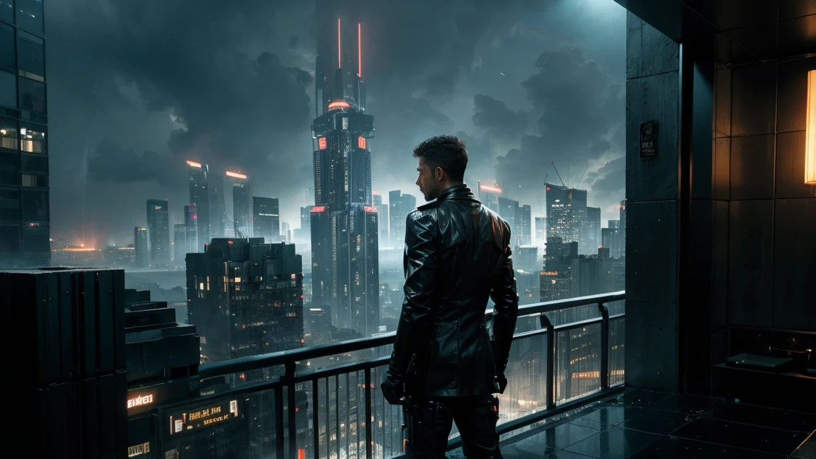 A realistic image of a futuristic city inspired by the movie "Blade Runner", with a man standing on the terrace of a skyscraper overlooking the city. It is raining and the scene has a 16:9 aspect ratio (please include the terrace roof)), seen from three-quarter behind