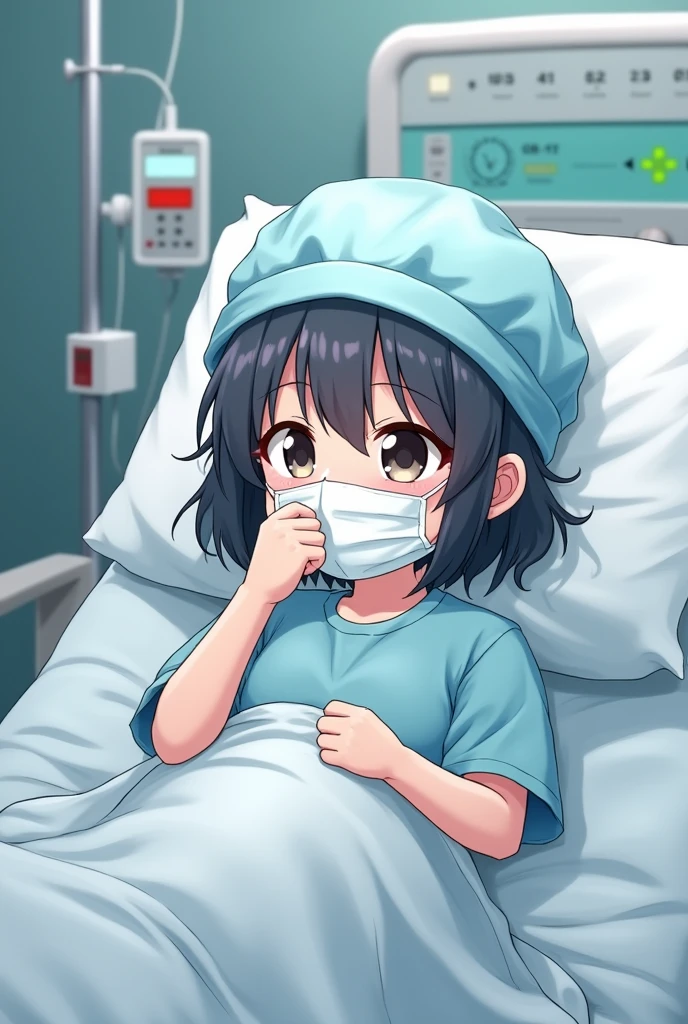 cute japanese girl wearing surgical mask, surgical cap and patient gown on bed, sneezing. Photorealism