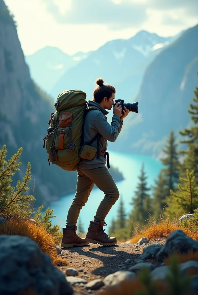 behind backpacker with camera