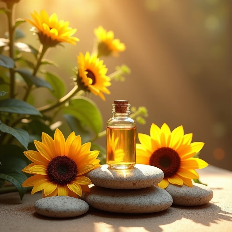 Clean overlapping stones,Essential oil bottle on stones,The sunflower flowers of the Tianzu are on the side,Warm background