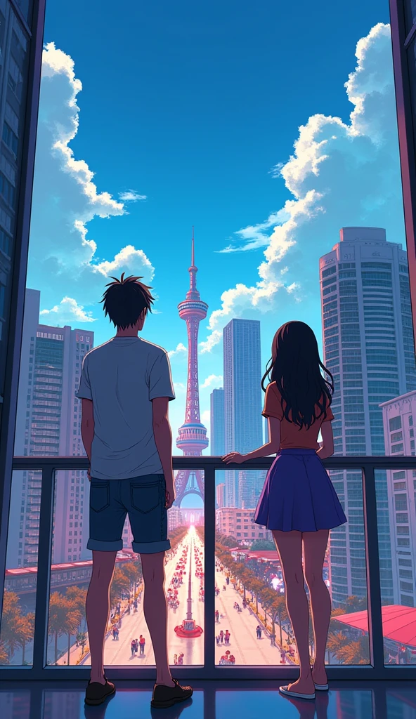 a young anime couple looking at the Miami Bayside market from the a balcony of a tallest among all the skyscrapers overlooking, with bright blue sky , neon lights, miami vice vibes, , Ferris wheel at far away
