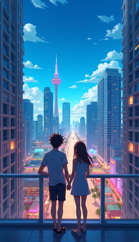 a young anime teen couple looking at the Miami Bayside market from the a balcony of a tallest among all the skyscrapers overlooking, with bright blue sky , neon lights, miami vice vibes, , Ferris wheel at far away
