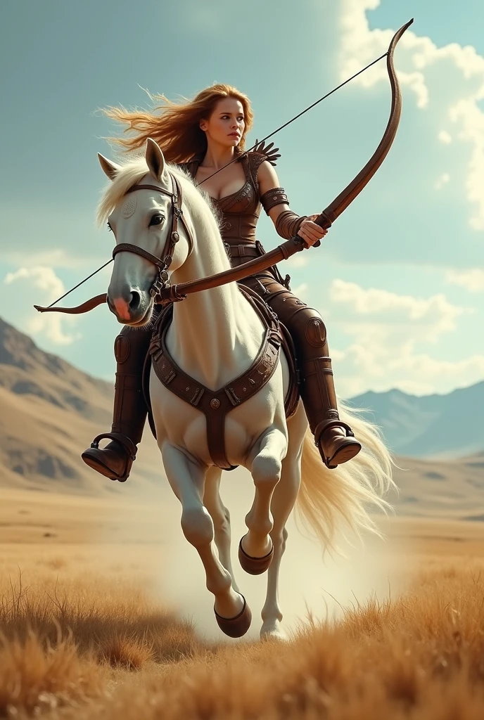 Beautiful centaur、Baby Face、Big Tits、Western equipment、A large and practical bow、Running through the steppes、Dynamic composition、Cinematic lighting