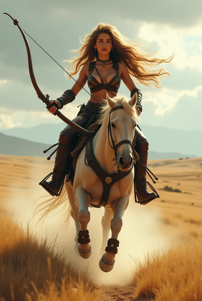 Beautiful centaur、Baby Face、Big Tits、Western equipment、A large and practical bow、Running through the steppes、Dynamic composition、Cinematic lighting