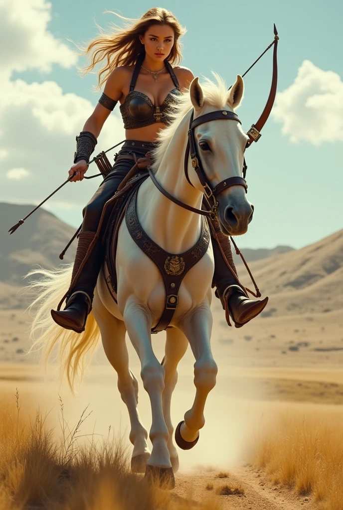 Beautiful centaur、Baby Face、Big Tits、Western equipment、A large and practical bow、Running through the steppes、Dynamic composition、Cinematic lighting