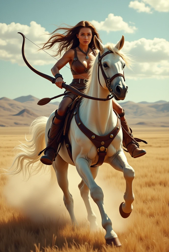 Beautiful centaur、Baby Face、Big Tits、Western equipment、A large and practical bow、Running through the steppes、Dynamic composition、Cinematic lighting