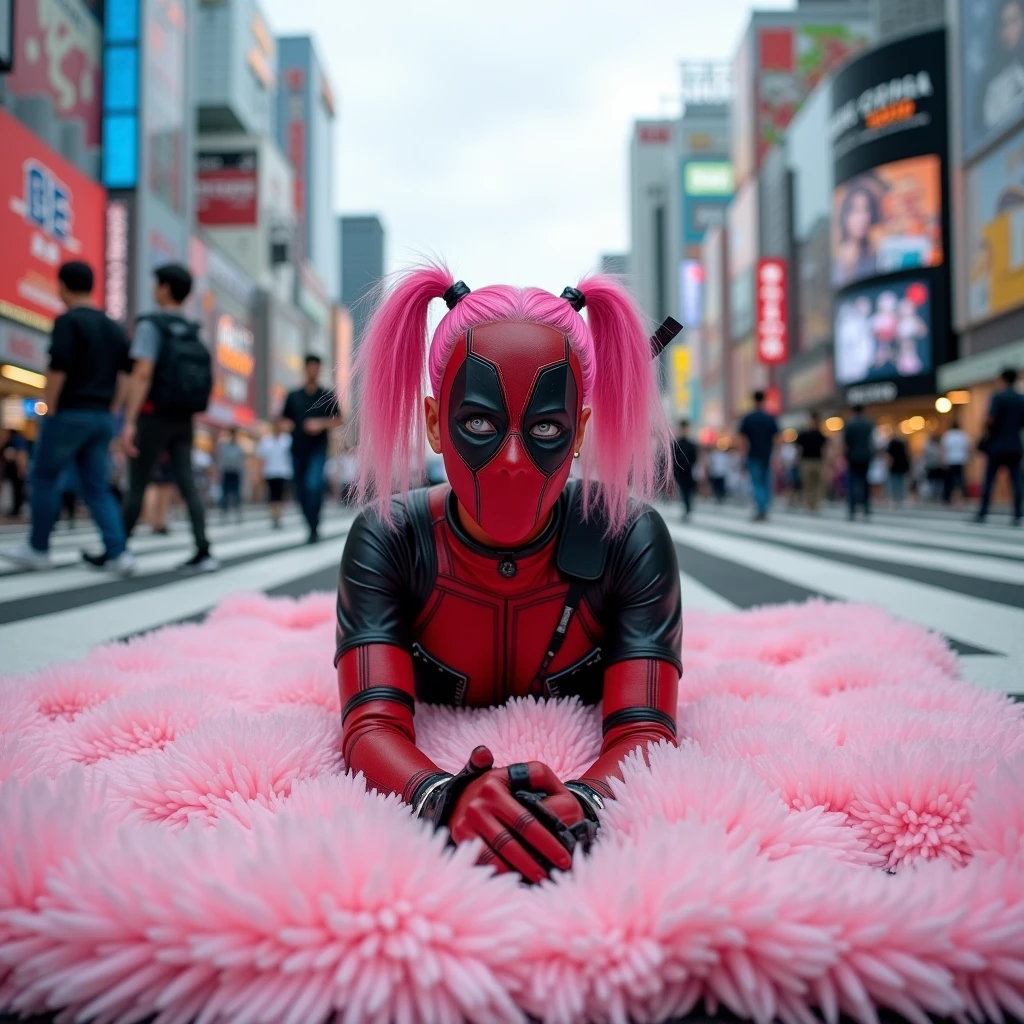 ((Highest quality)), ((masterpiece)), (photograph), ((low angle shot)), ((40 years old)), ((Japanese women)), ((Deadpool costume and mask)), (((The word &quot;mu mi&quot; is written in white letters on the mouth.))), Deadpool woman with pink hair and twin tails, Lying on a fluffy pink bath mat at Tokyo&#39;s Scramble Crossing, Surrounded by passers-by,