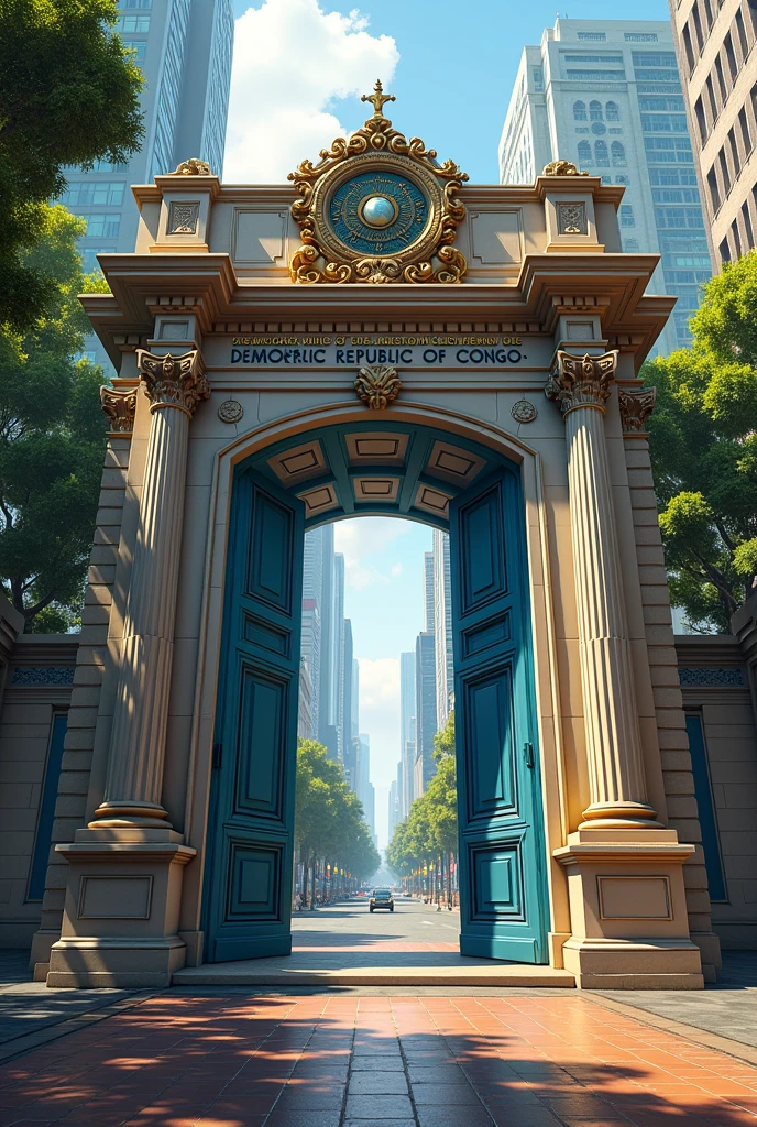 A large square gate opening to a city, blue painted door, avec une mention DR Congo, boulevard au milieu