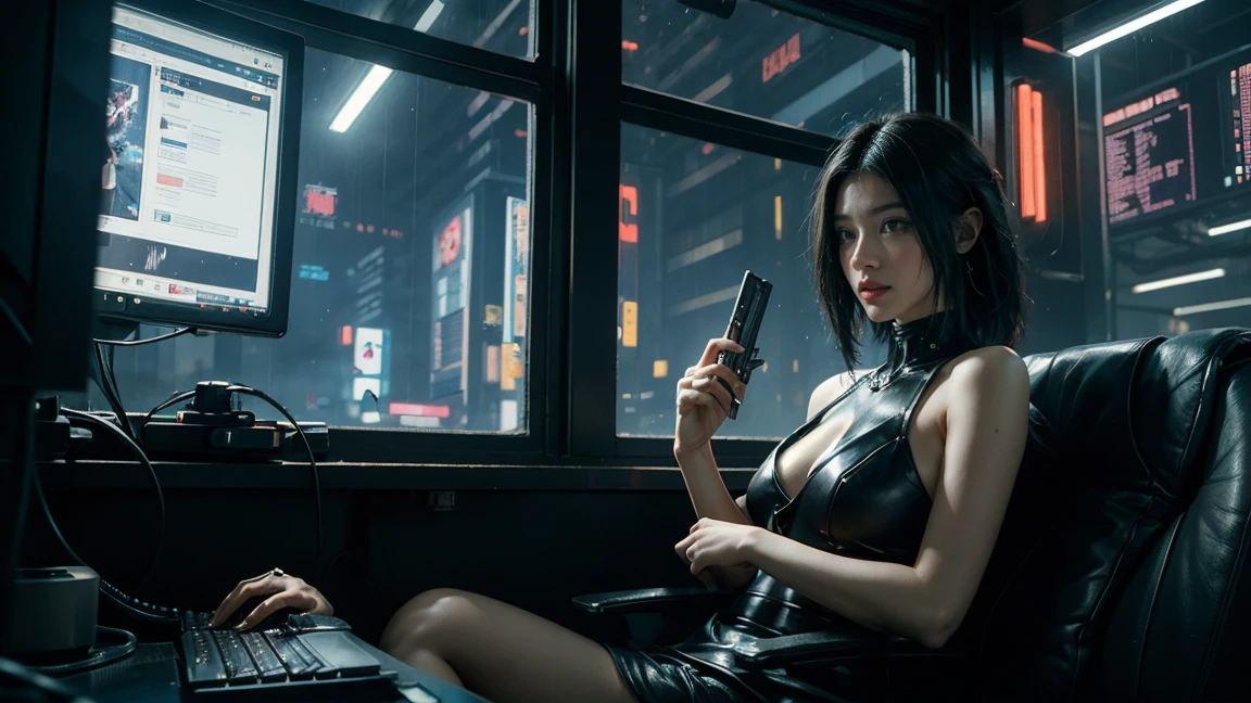 Beautiful woman sitting in office with book in hand. ((cyberpunk style)), operating pc, high tech city, machine enhanced, (high tech fantasy), robotics, 3D game, Blade Runner, Ghost in the Shell, it's raining