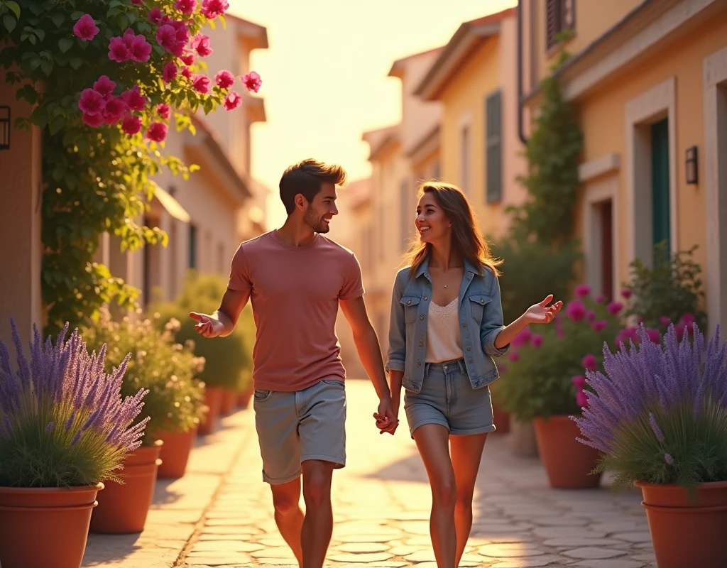 two friends, age 25, come through a typical street in Provence, talking and smiling. One of them points to something just ahead.. Bougainvilleas and lavenders planted in pots. sunset behind.